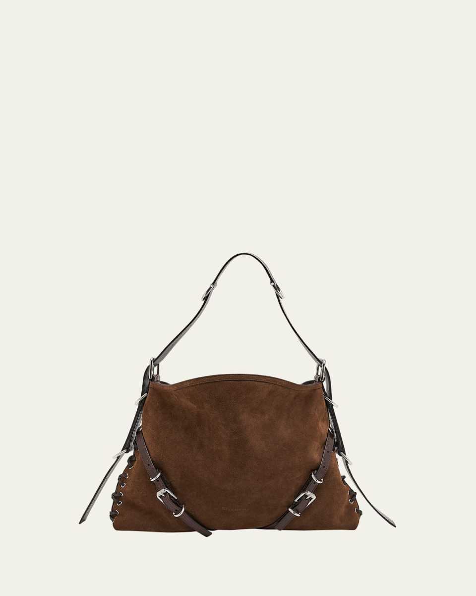 Medium Voyou Shoulder Bag in Suede with Corset Straps